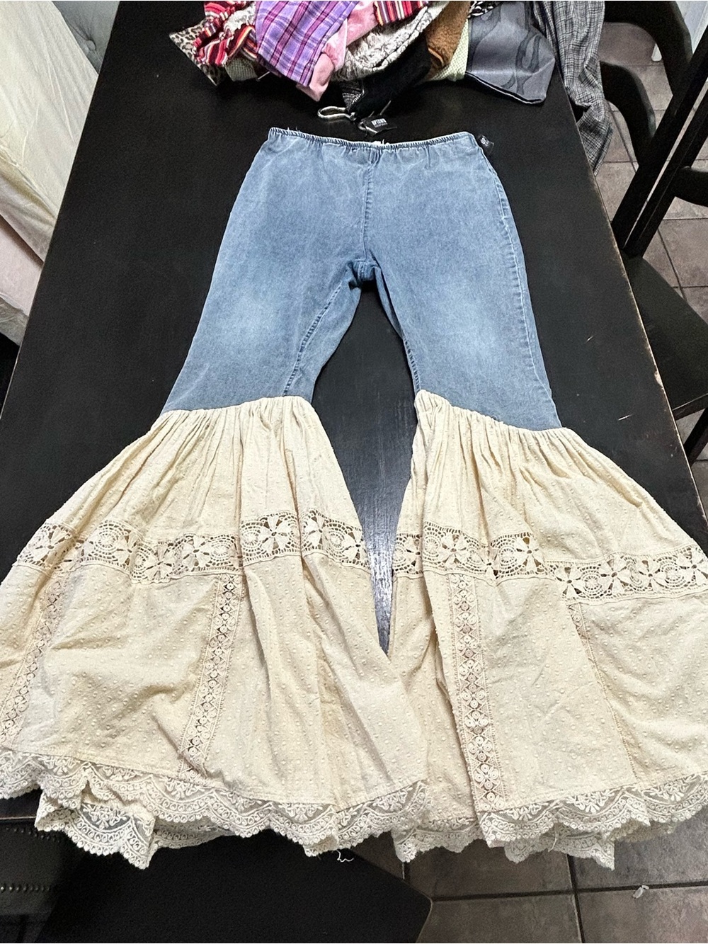 Oli & Hali Light Blue Denim Flared Jeans with Cream Lace Panels